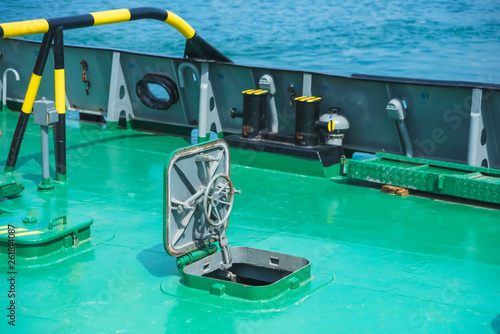 Metal locks and doors on the ship. Rest in Georgia. Port in Batumi. Water transport deck. Black Sea. photo