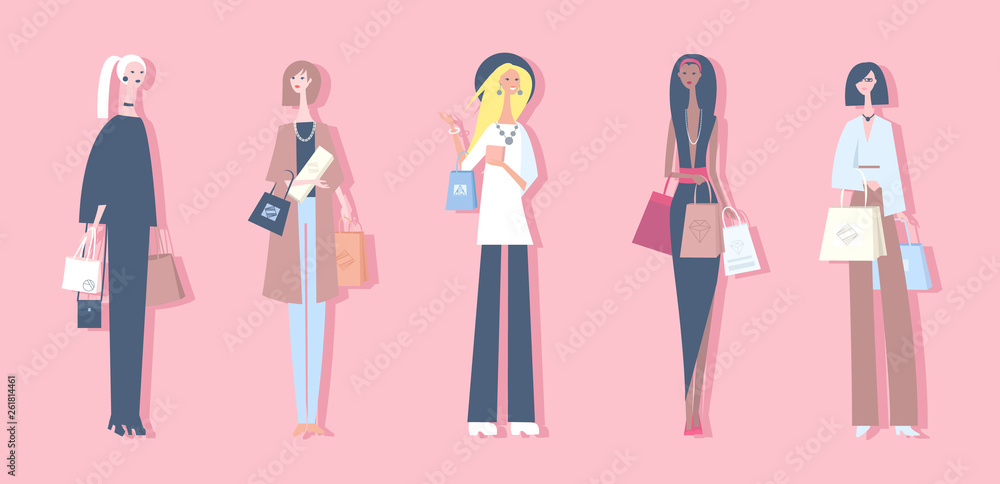 Set of female characters shopping Set of female characters shopping