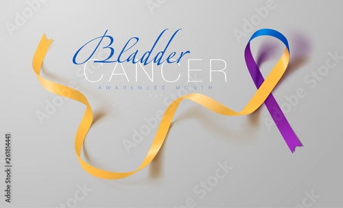 Bladder Cancer Awareness Calligraphy Poster Design. Realistic Marigold And Blue And Purple Ribbon. May is Cancer Awareness Month. Vector