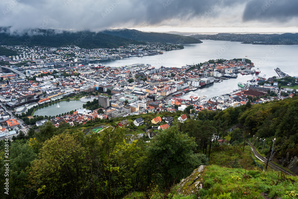 Fototapeta premium Panoramic view of Bergen (Norway) from Mount Floyen, the most spectacular viewpoint of the city