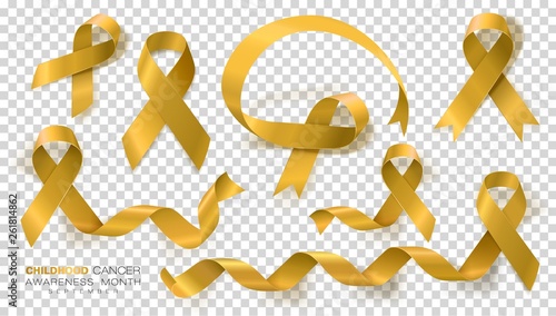 Childhood Cancer Awareness Month. Gold Color Ribbon Isolated On Transparent Background. Vector Design Template For Poster.