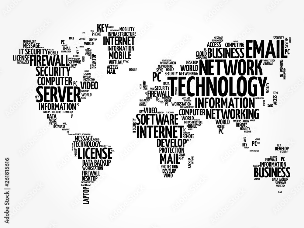 Naklejka premium Technology word cloud in shape of world map, business concept background