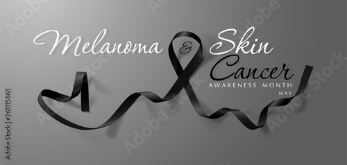 Melanoma and Skin Cancer Awareness Calligraphy Poster Design. Realistic Black Ribbon. May is Cancer Awareness Month. Vector