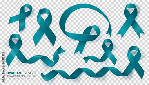 Ovarian Cancer Awareness Month. Teal Color Ribbon Isolated On Transparent Background. Vector Design Template For Poster. photo