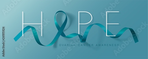 Hope. Ovarian Cancer Awareness Calligraphy Poster Design. Realistic Teal Ribbon. September is Cancer Awareness Month. Vector