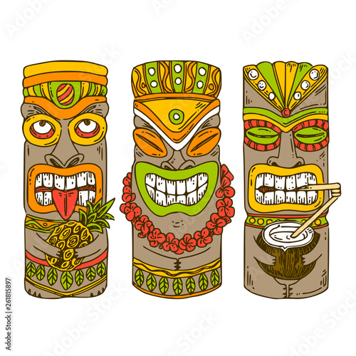 Set of wooden tiki idols. Color. Engraving style. Vector illustration.