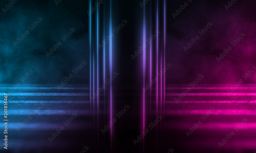 Empty background scene. Dark street, a reflection of blue and pink neon light on wet pavement. Rays of light in the dark, smoke. Night view of the street, the city. Abstract dark background. Empty background scene. Dark street, a reflection of blue and pink neon light on wet pavement. Rays of light in the dark, smoke. Night view of the street, the city. Abstract dark background.