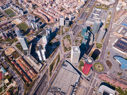 Aerial view of Gran Via, Plaza de Europa, convention center of Fira de Barcelona