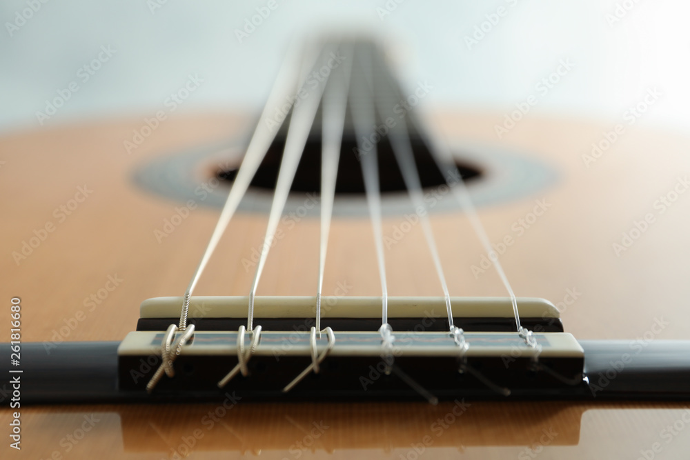 Fototapeta premium Beautiful six - string classic guitar on white background, closeup