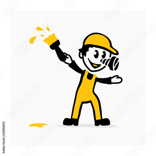 Vector illustration of painter with paintbrush. Cartoon cheerful worker in uniform. Happy character in yellow overalls. Face workman with screw nose