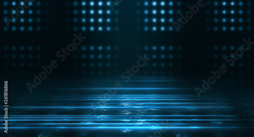 Background of empty street  room. Background of empty scene at night. Concrete coating. Reflection on wet pavement of neon lights. Neon blue lines. Dark abstract background.