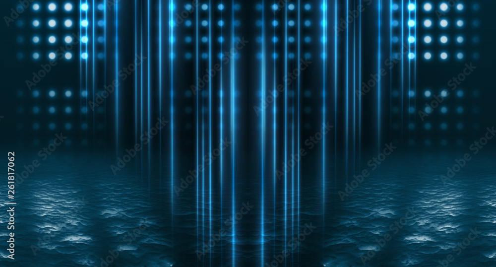 Background of empty street, room. Background of empty scene at night. Concrete coating. Reflection on wet pavement of neon lights. Neon blue lines. Dark abstract background.