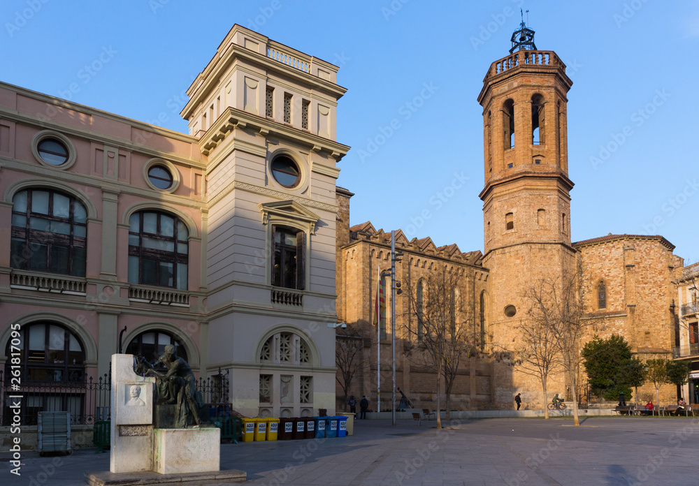 Square in Sabadell with statue and church