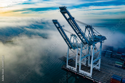 Port Freight Cranes with Fog Aerial Photo From Drone Long Beach