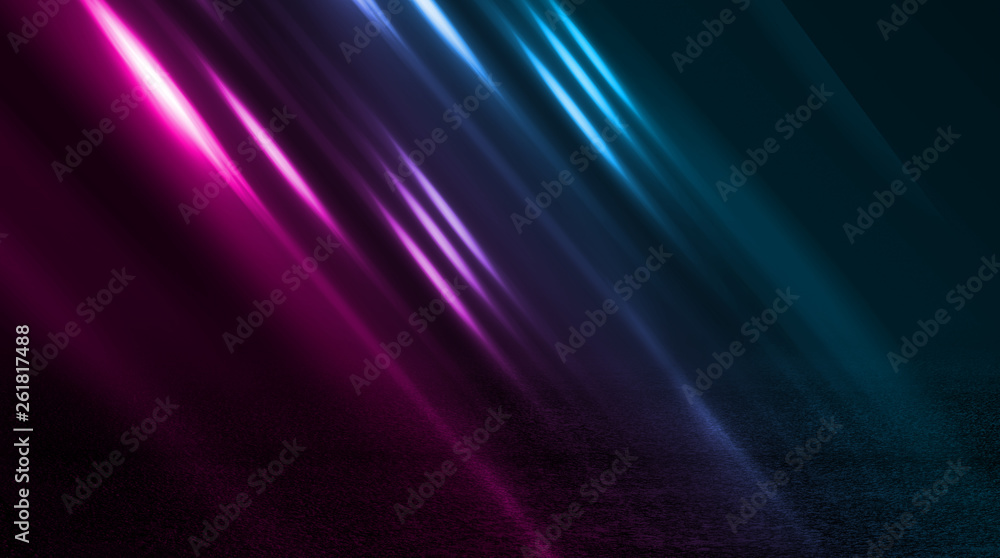 Empty background scene. Dark street, a reflection of blue and pink neon light on wet pavement. Rays of light in the dark, smoke. Night view of the street, the city. Abstract dark background. - obrazy, fototapety, plakaty 