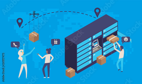 Modern flat design isometric concept of delivery service or online shopping with people,box,dron,pay online,delivery locker mail box and world map. Easy to edit and customize. Vector illustration