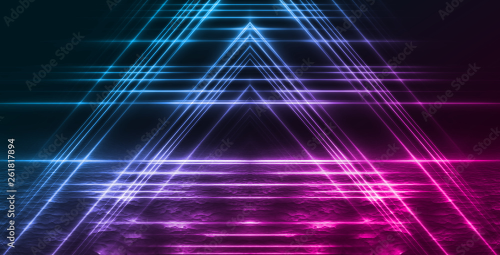 Empty background scene. Dark street, a reflection of blue and pink neon light on wet pavement. Rays of light in the dark, smoke. Night view of the street, the city. Abstract dark background. Empty background scene. Dark street, a reflection of blue and pink neon light on wet pavement. Rays of light in the dark, smoke. Night view of the street, the city. Abstract dark background.