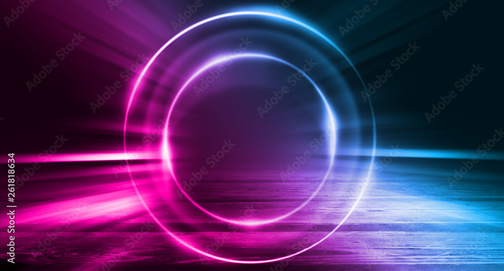 Empty background scene. Dark street, a reflection of blue and pink neon light on wet pavement. Rays of light in the dark, smoke. Night view of the street, the city. Abstract dark background. Empty background scene. Dark street, a reflection of blue and pink neon light on wet pavement. Rays of light in the dark, smoke. Night view of the street, the city. Abstract dark background.