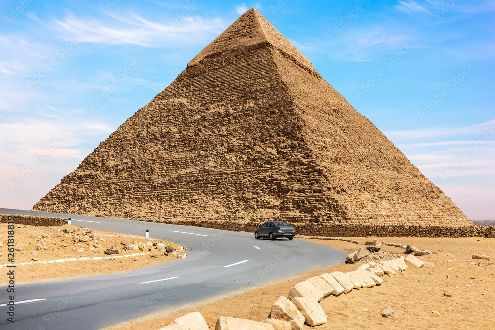 The Pyramid of Chephren and a car road nearby, Giza, Egypt
