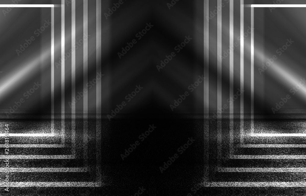 Background of empty street, room. Background of empty scene at night. Concrete coating. Reflection on wet pavement of neon lights. Neon blue lines. Dark abstract background. Background of empty street, room. Background of empty scene at night. Concrete coating. Reflection on wet pavement of neon lights. Neon blue lines. Dark abstract background.