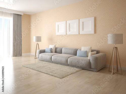 Mock up modern living room with a large stylish sofa and beige decorative plaster.