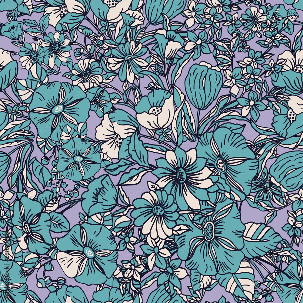 Floral seamless pattern. Vector illustration of abstract leaves, flowers, petunias and daisies in green, lilac and cream. Designed for fashion, fabric, home decor. Floral seamless pattern. Vector illustration of abstract leaves, flowers, petunias and daisies in green, lilac and cream. Designed for fashion, fabric, home decor.