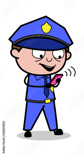 Net Surfing in Smartphone - Retro Cop Policeman Vector Illustration