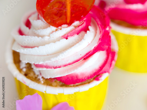 Tasty cupcake closeup with white and pink cream photo