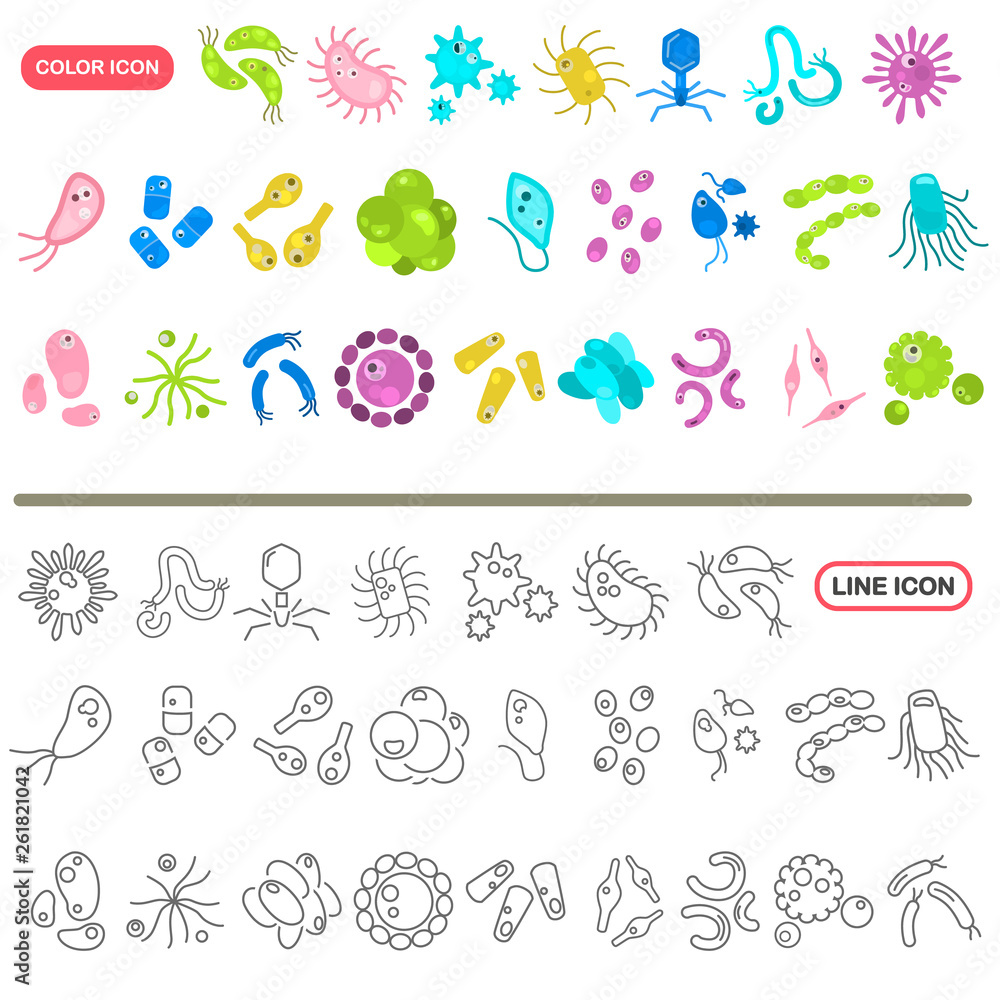 Different virus and microbes color flat and line icons set