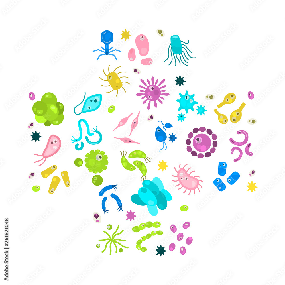 Different virus and microbes color flat icons set