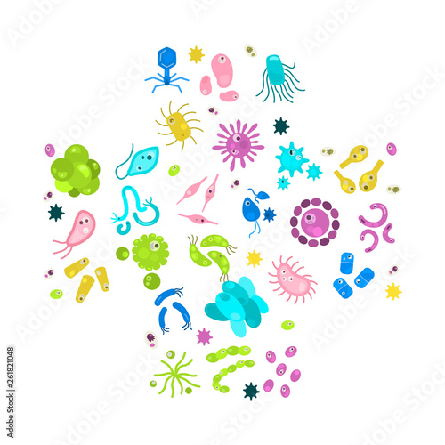 Different virus and microbes color flat icons set