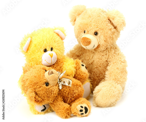 three toy teddy bears isolated on white background