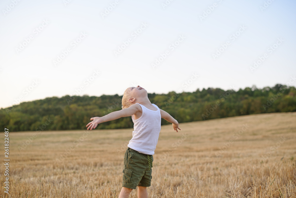 Happy blond boy stands with his arms apart and head up in a mowed wheat field. Sunset time Happy blond boy stands with his arms apart and head up in a mowed wheat field. Sunset time