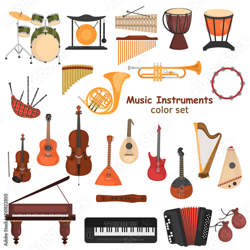 Different music instruments color vector icons set