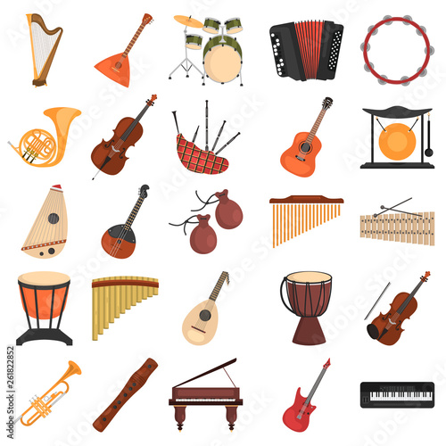 Different music instruments color vector icons set