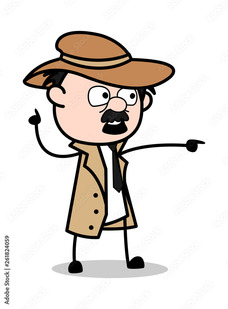 Showing with Pointing Finger - Retro Cartoon Police Agent Detective Vector Illustration
