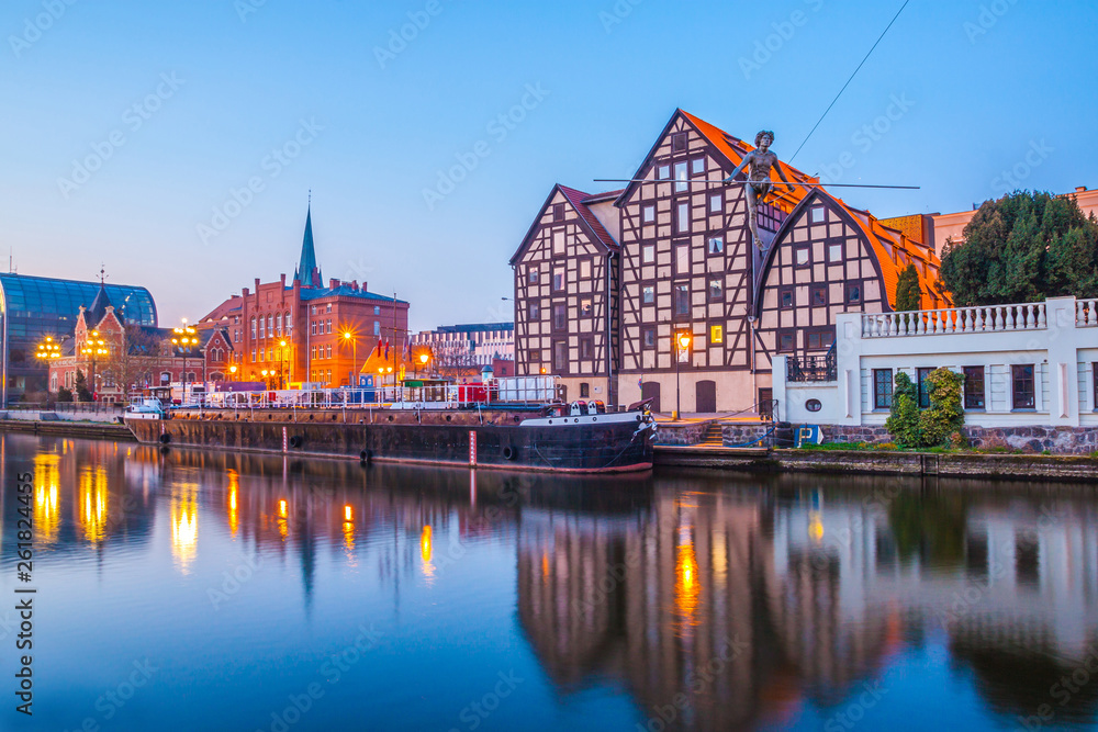 Bydgoszcz old town at amazing sunrise with reflection in Brda river. Bydgoszcz. Poland