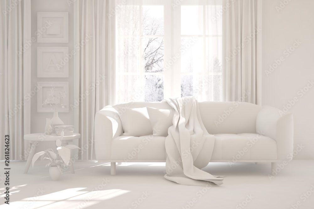 Stylish room with sofa in white color. Scandinavian interior design. 3D illustration Stylish room with sofa in white color. Scandinavian interior design. 3D illustration