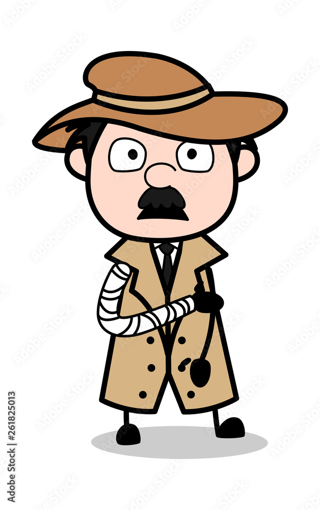 Fracture Hand - Retro Cartoon Police Agent Detective Vector Illustration