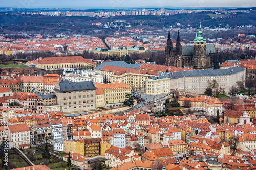 Aerial view of Prague Castle, St. Vitus Cathedral and surrounding areas. Czech Republic