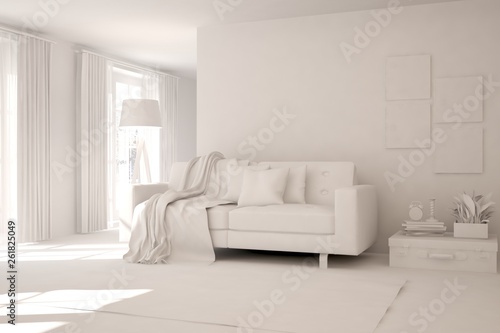 Stylish room with sofa in white color. Scandinavian interior design. 3D illustration