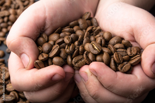 Hands are holding coffee beans  look like a heart on coffee beans background. Concept view.
