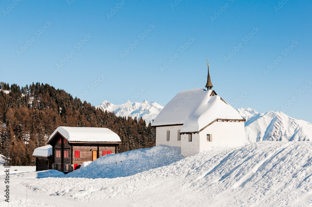 Bettmeralp, Kapelle, Bergkapelle, Wallis, Walliser Dorf, Bergdorf, Winter, Wintersport, Alpen, Schweiz
