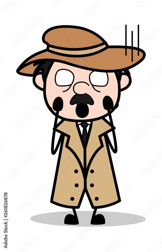 Frightened - Retro Cartoon Police Agent Detective Vector Illustration