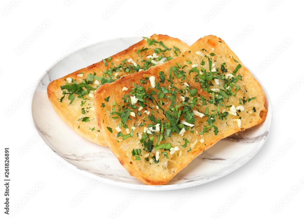 Plate with tasty homemade garlic bread isolated on white