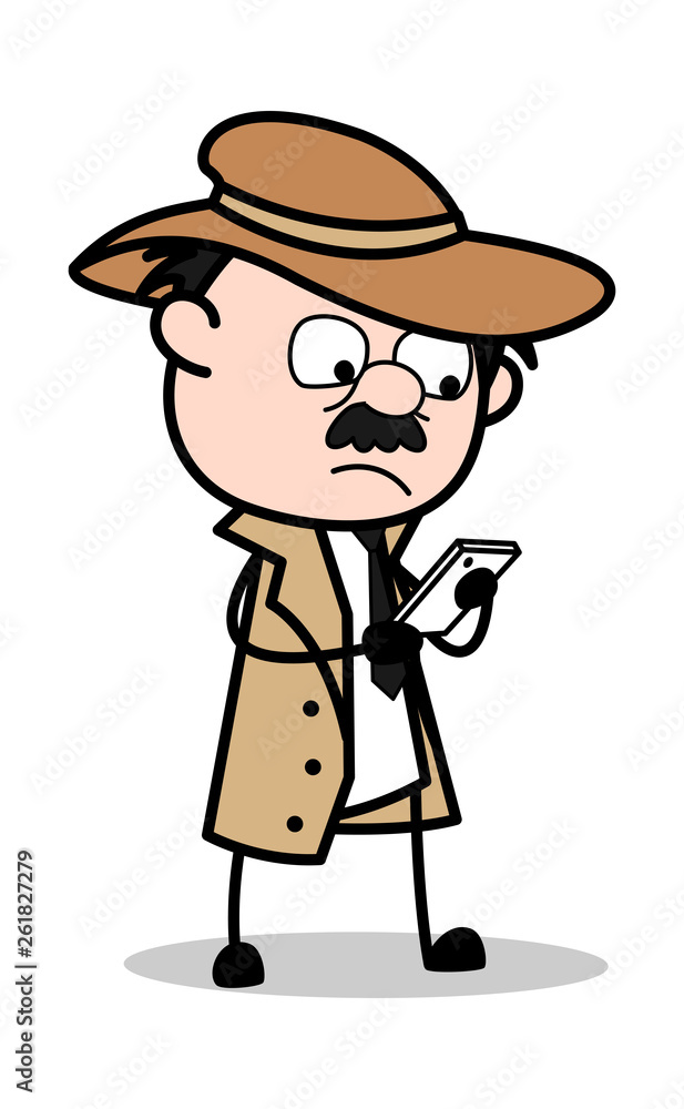 Reading Message - Retro Cartoon Police Agent Detective Vector Illustration