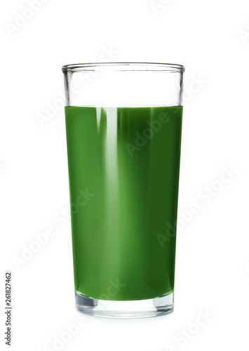 Glass of spirulina drink on white background