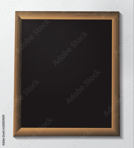 Realistic black Board with wooden frame isolated on light background. vector wooden Board for business, advertising, street menu, bar, restaurant. Pattern wooden 3d plaque in the style of realism. vec