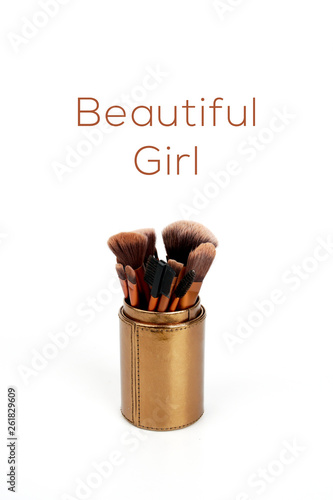 Professional make up brush collection with text beautiful girl isolated on a white background 