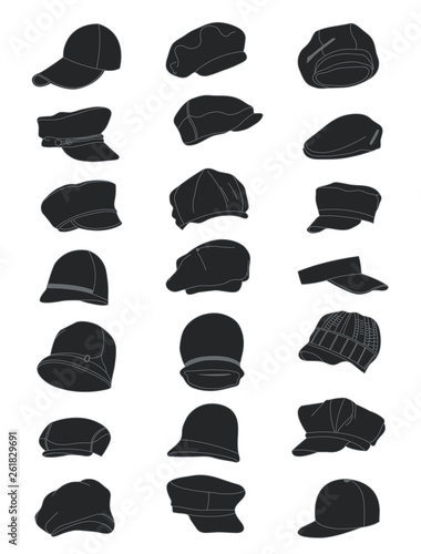 Set of caps silhouettes,models for any season, warm and thin, different types, isolated on white background.
